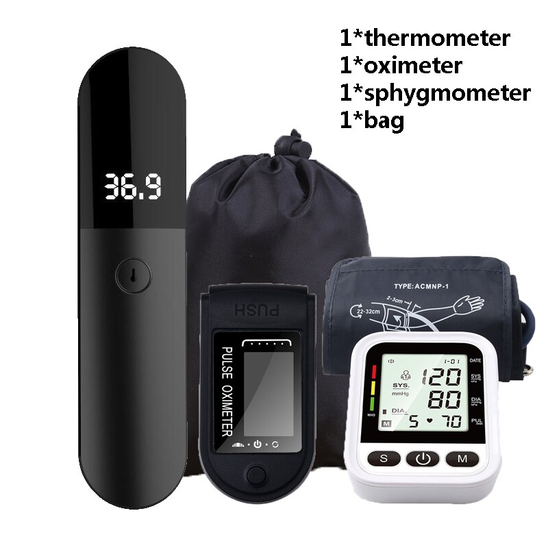 Tensiómetro Digital para muñeca, esfigmomanómetro, oxímetro de pulso para dedo, termómetro IR sin contacto, conjunto de Monitor de salud para el hogar: 4pcs set A-arm