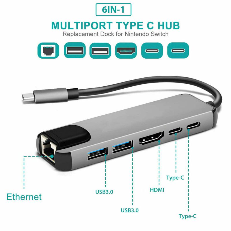 6-In-1 USB-C Hub Multi-Poort Adapter Usb Type C Hub Adapter Dock Met 4K Hdmi RJ45 Ethernet Lan Usb C