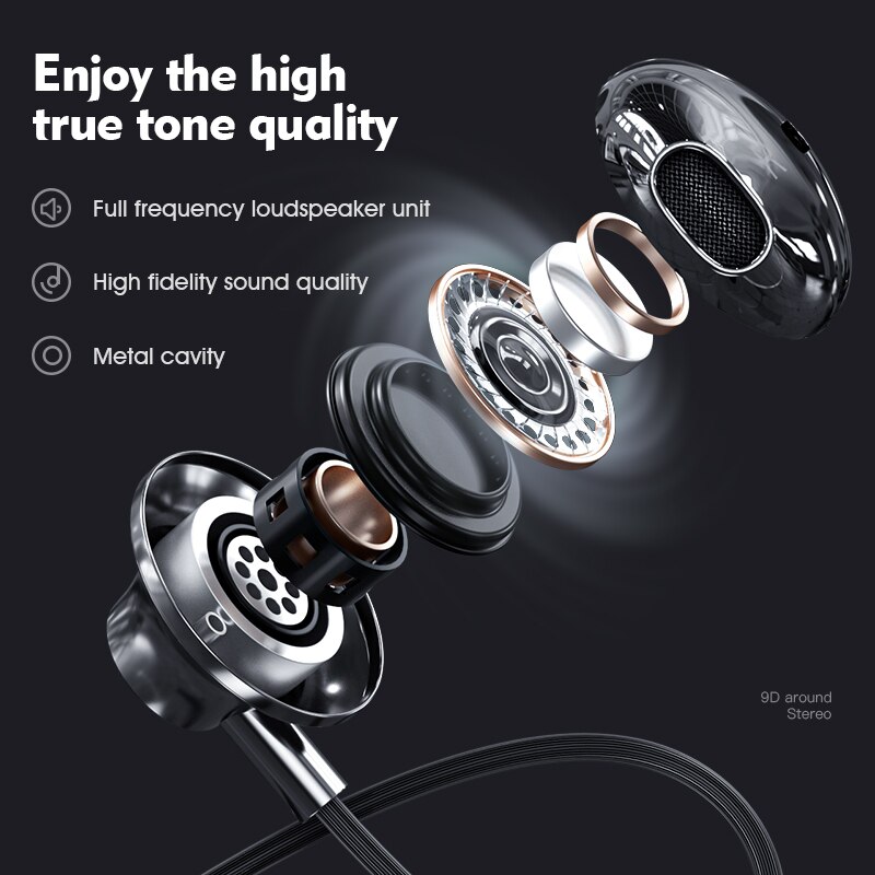 Licheers 9D Stereo In-ear Earphone Wire-controlled Sound Earpiece Earbuds For Xiaomi Samsung 3.5mm For Huawei Type C Earphones