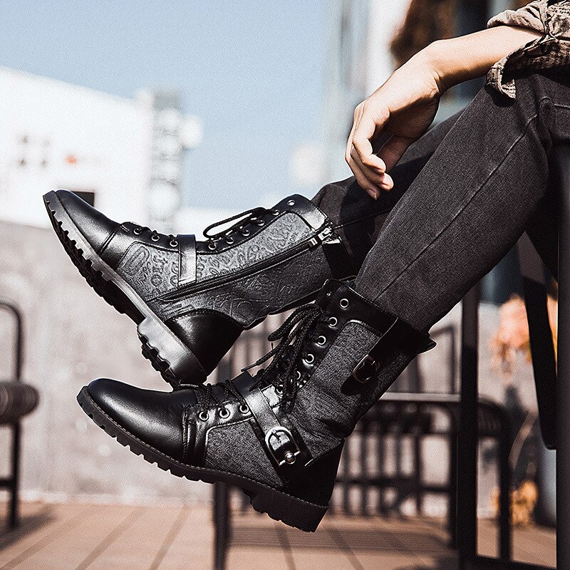 Bottes Punk rétro mi-carf pour hommes, bottes de moto en velours, chaussures d&#39;outillage assorties avec tout, bottes militaires en Denim, collection hiver: No Plush / 43