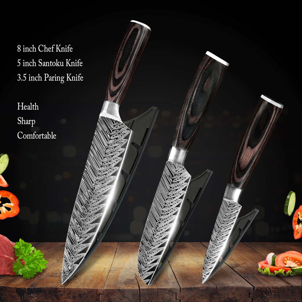 Køkkenkok sæt kniv rustfrit stål knivholder santoku værktøj skåret kløver brødskæreknive dæksel skede sag kantbeskytter: 3 stk værdisæt 02