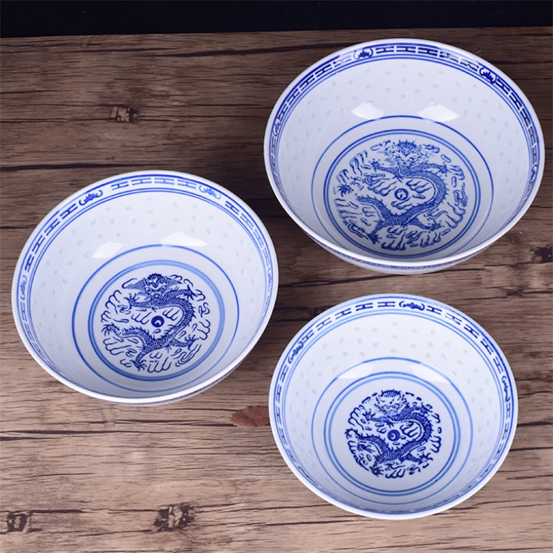 Blue and White Porcelain Dragon Pattern Rice Bowl Ceramic Under Glaze Jingdezhen Soup Noodle Bowl Fruit Bowl Tableware