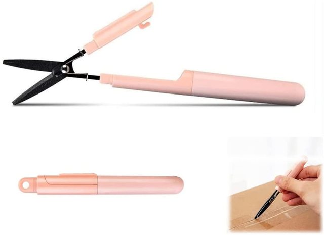 Multifunctional Deformation Scissors Quickly Disassembled Scissors Pen Style Compact Twiggy Scissors with Cover Cutting Tool: Pink
