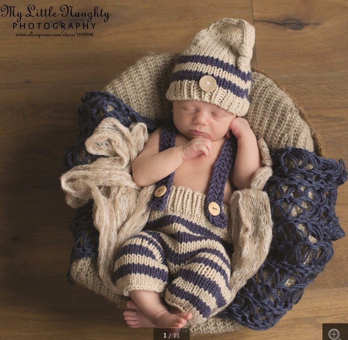 Infant Knit Crochet Costume Blue Striped Soft Outfits Elf Button Beanie+Pants Newborn Baby Photography Props