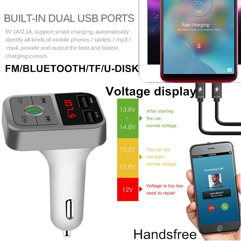 Voltage Display Dual Usb Charger Bluetooth Fm-zender Handsfree Car Kit MP3 Muziekspeler Tf 12 V-24 V autolader Adapter