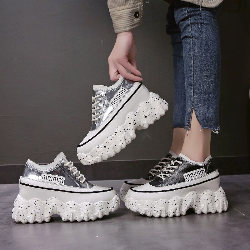 Femmes grosses baskets printemps 8.5CM talons hauts chaussures décontractées à semelles épaisses à lacets dames chaussures à plate-forme compensée baskets femme