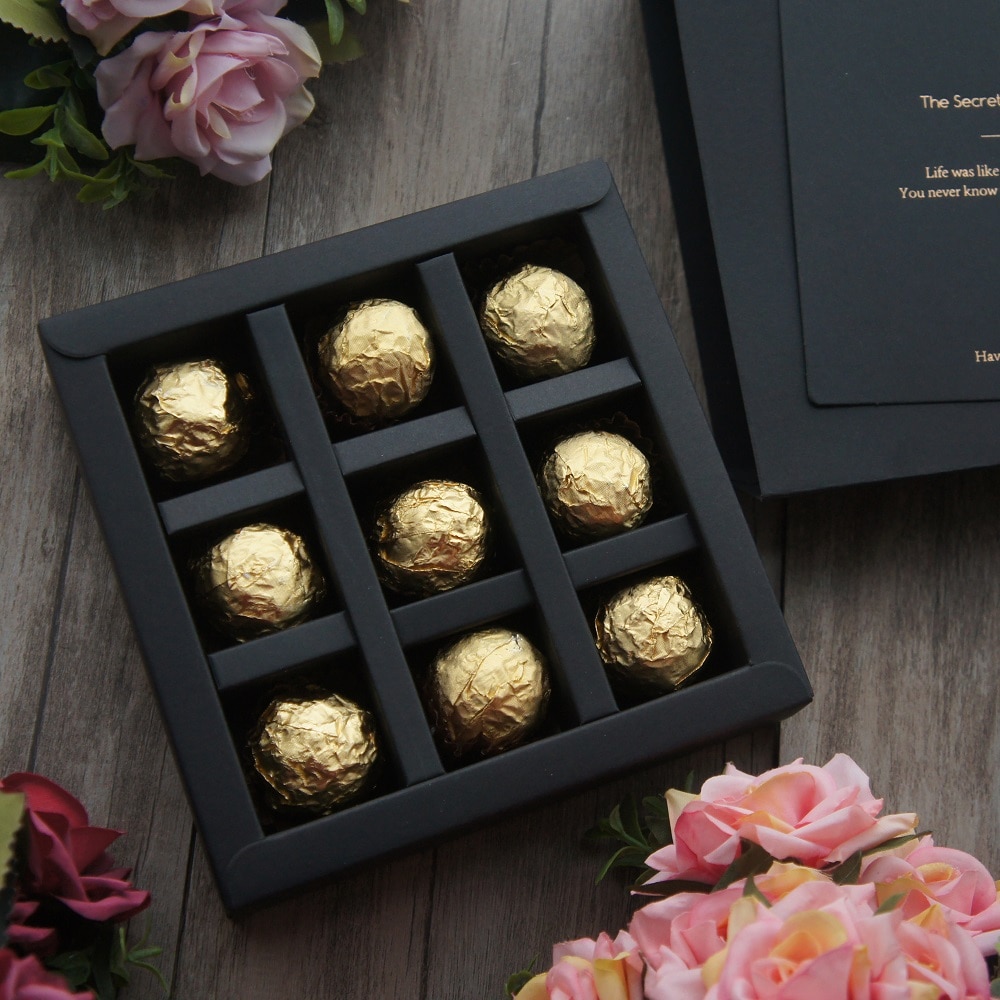 15.5*15.5*4 Cm 10 Set Elegante Valentijn Chocolade Papier Doos Goud Zwart Bruiloft Kerst Verjaardag Snoep verpakking