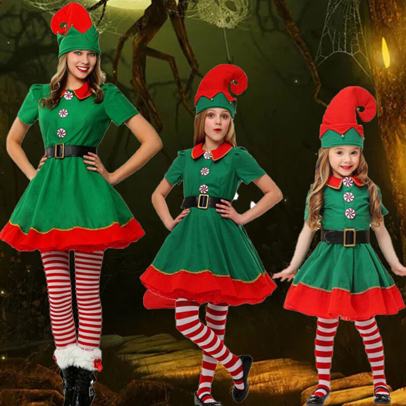 Kerstman Kostuum Mannen Vrouwen Meisjes Jongens Kerst Kleding Groene Elf Cosplay Familie Kerstmis Nieuwjaar Fancy Dress Kleding Set