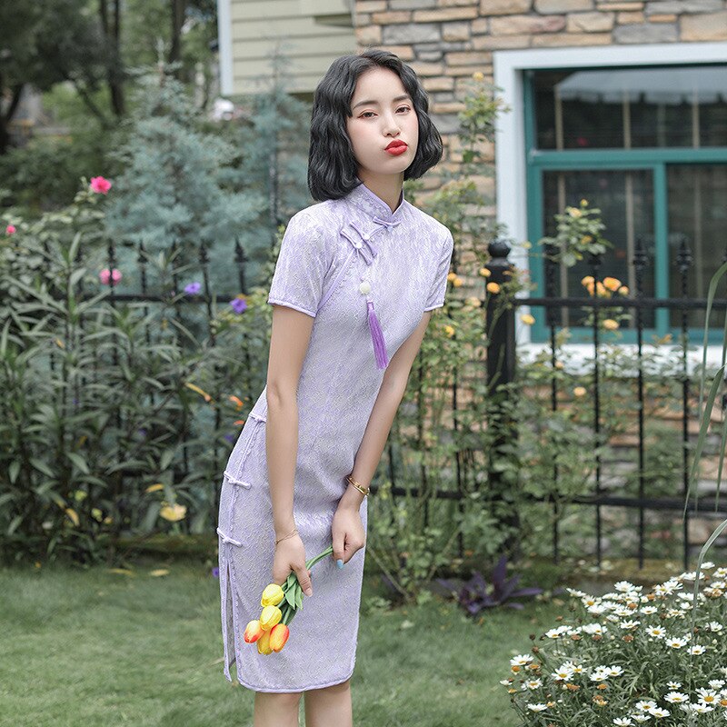 Fzslcyiyi 3 kleuren dames kant qipao jurk korte mouwen cheongsam traditionele kleding chinese nieuwste kant knielange qipao
