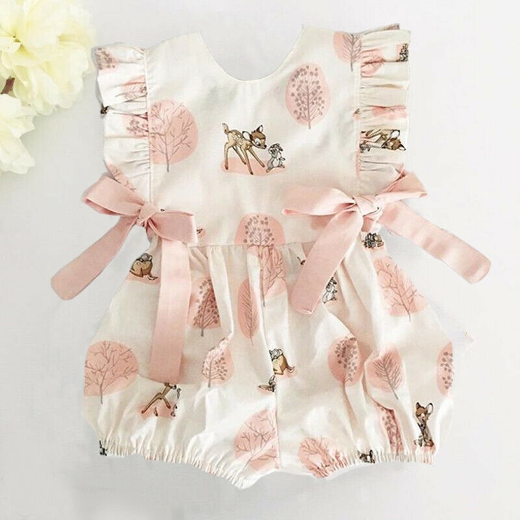 Newborn Infant Kawaii Printed Clothing Baby Girls Boys Bow Cartoon Deer Romper Summer Casual Toddler Jumpsuit Sleeveless Outfits