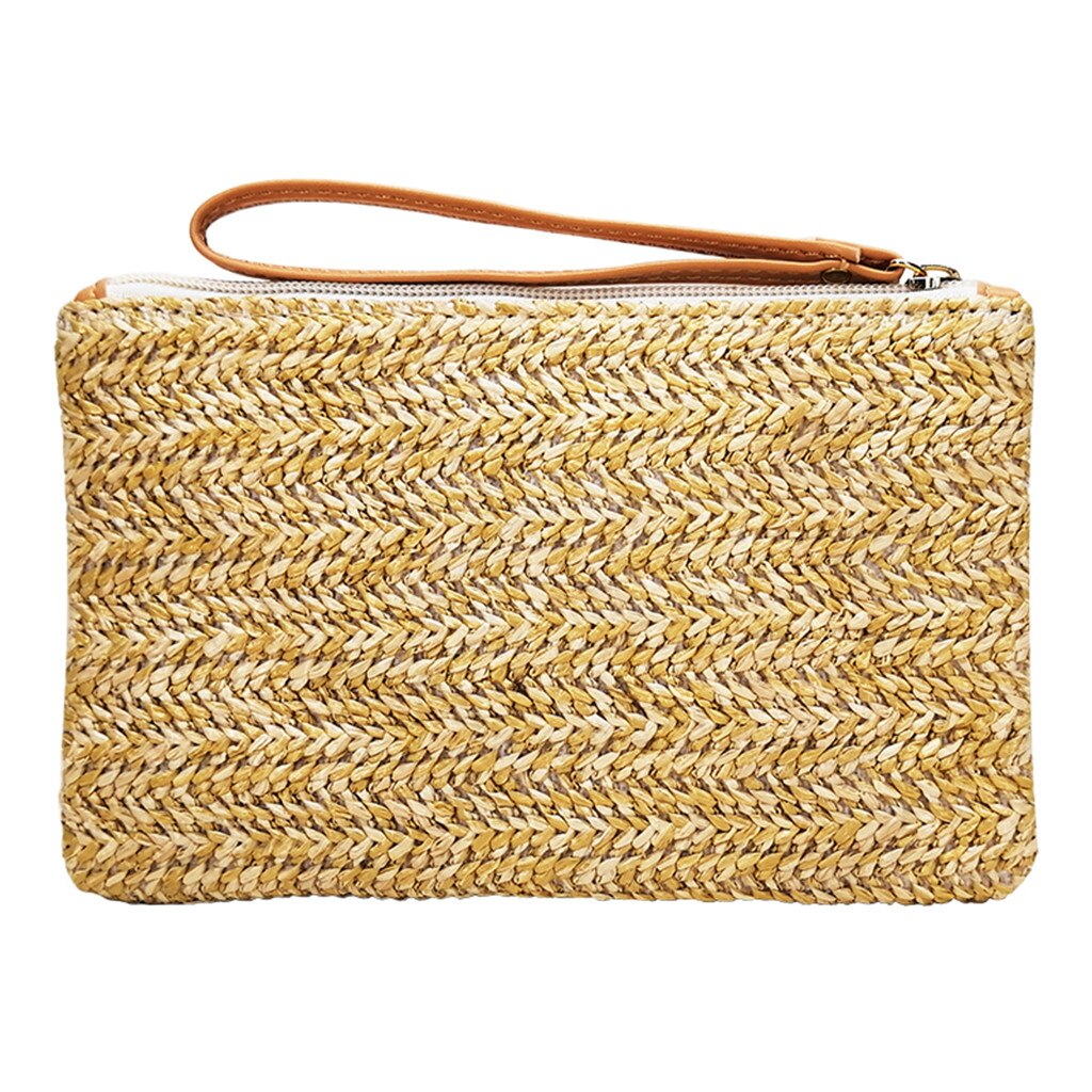 Straw Weave Day Cluthes Women Bohemia Beach Hand Bags Lady Summer Style Portable Weaving Handbag Zip Mini Clutch Pouch: Yellow