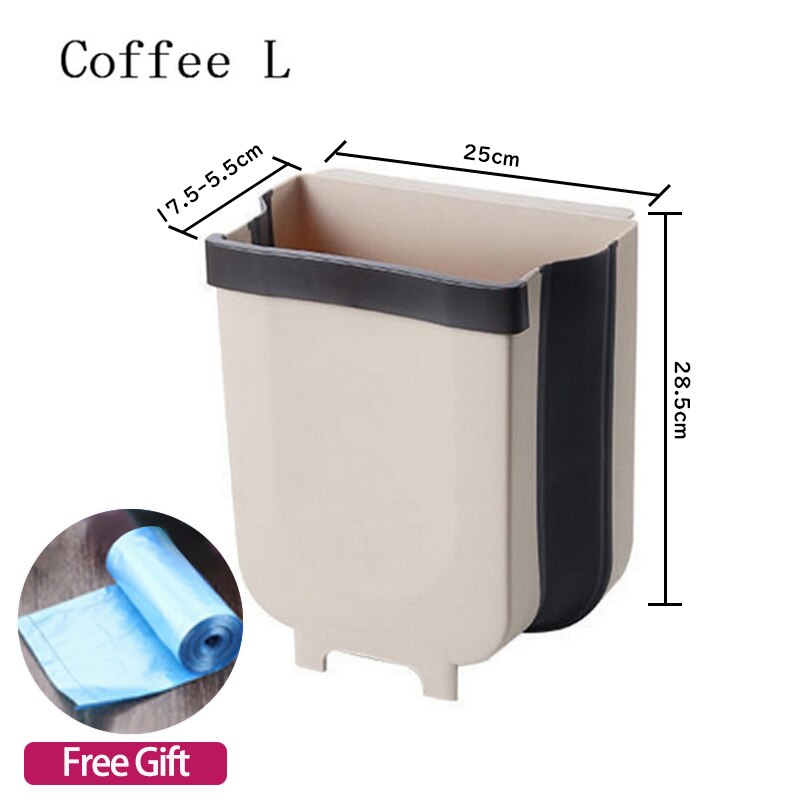 Folding Waste Bins 9L Wall Mounted Kitchen Garbage Can Hangable Kitchen Door Back Cabinet Trash Can Car Waste Storage Bucket: Coffee L