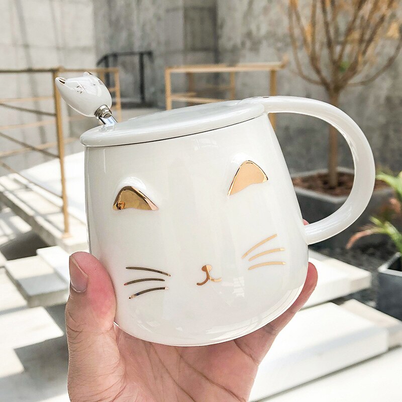 Ceramic Mugs Hand drawn golden cartoon cat coffe mug Drinkware Coffee Tea Cups Novelty milk cup: C