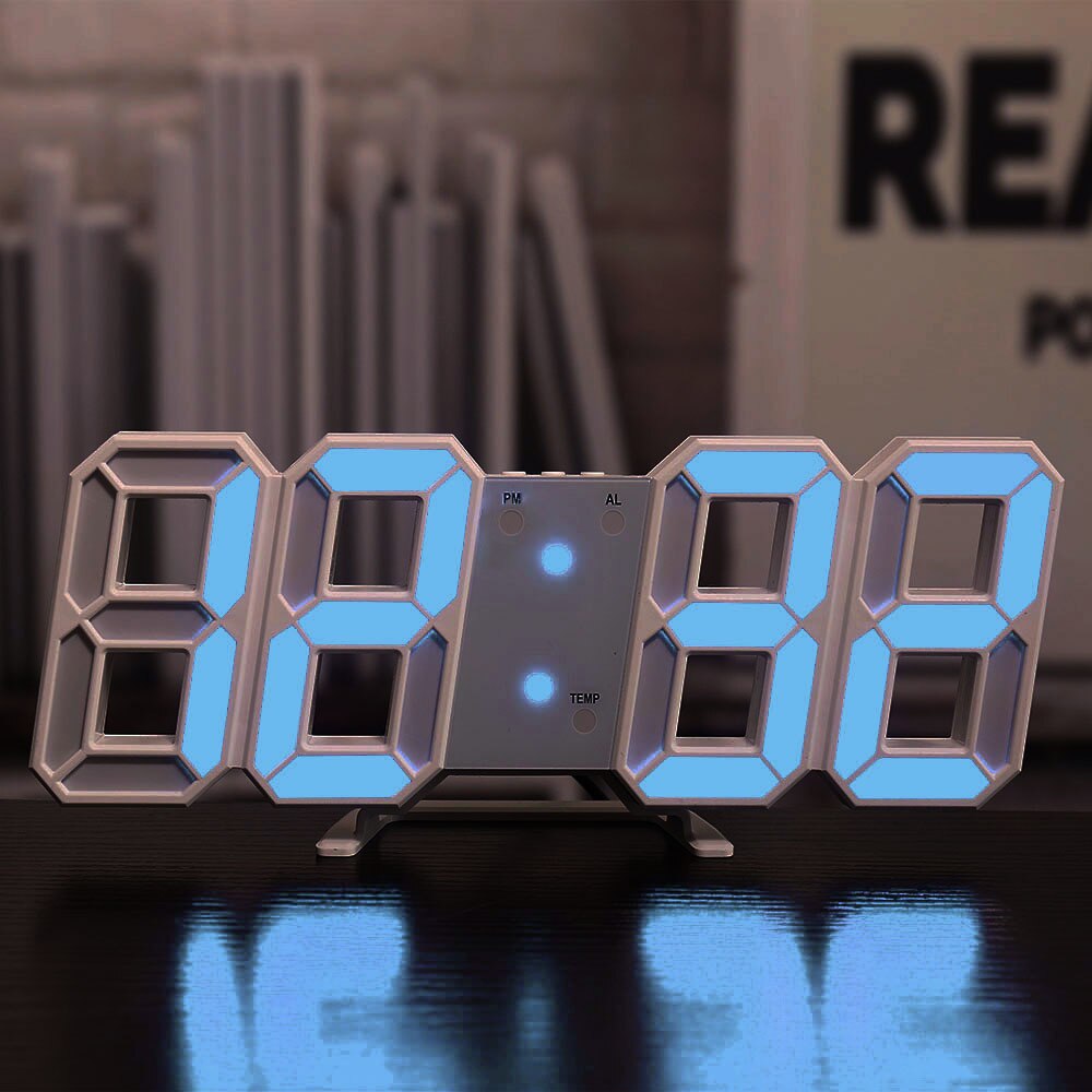 Klok 3d Klok Led Elektronische Klok Creatieve Wekker Woonkamer Wandklok Kalender Thermometer: white bule