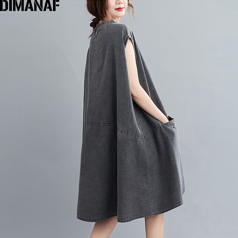 Dimanaf plus size dam klänning vintage tjocka jeans stor storlek vestidos lös dam klänning ärmlös knälång ficka