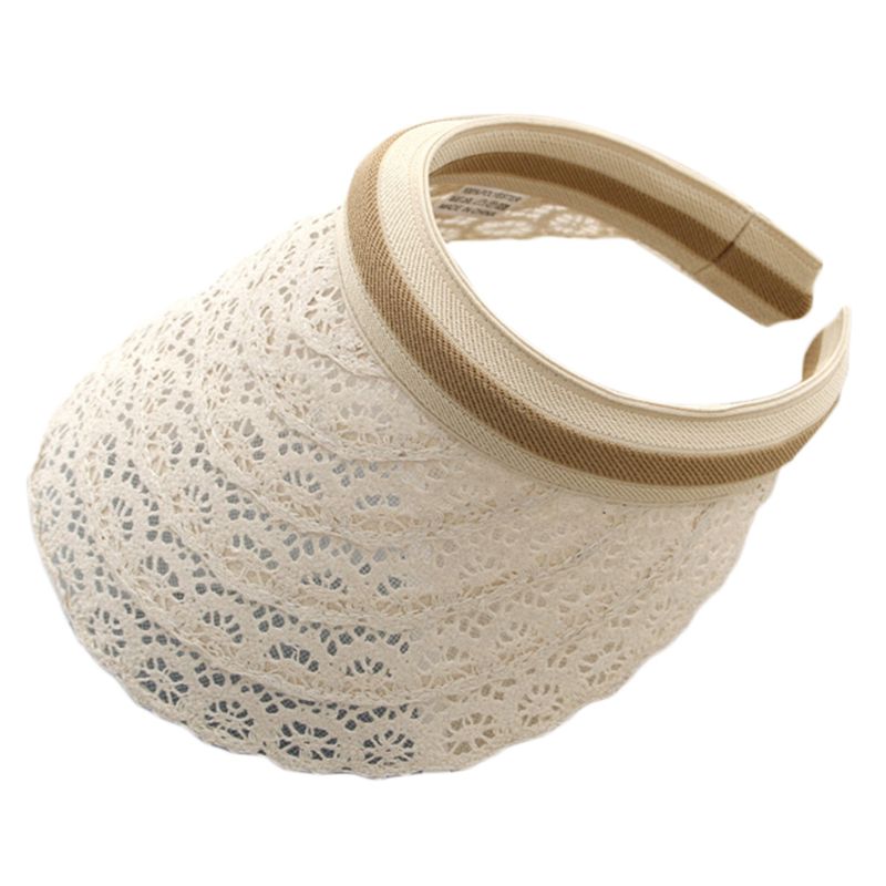 Cappello estivo da donna con visiera parasole vuota scava fuori cappello da spiaggia tutto'aperto a tesa larga in maglia a righe in pizzo floreale tutto'uncinetto: Beige
