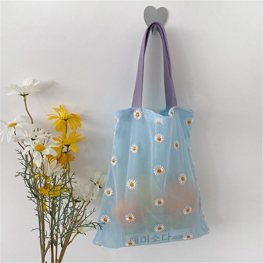 1PC Embroidered Portable Shopping Bag Mesh Small Daisies Beach Wind Translucent Mesh Bag Small Bag 3D No Zipper