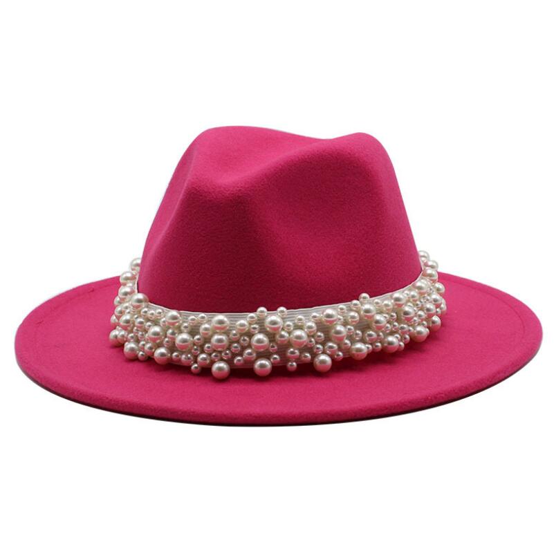 femmes hommes feutre Fedora chapeaux décontracté hommes femmes Imitation perle ruban bord Trilby formel casquette de fête: WYH-4907-10
