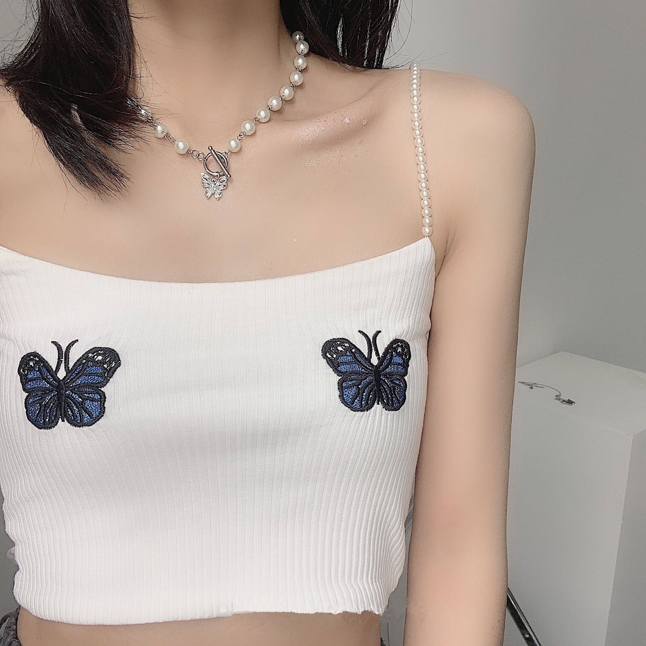 Huanzhi vintage udsøgt perle rhinestones choker sommerfugl titanium stål halskæde til kvinder piger fest smykker