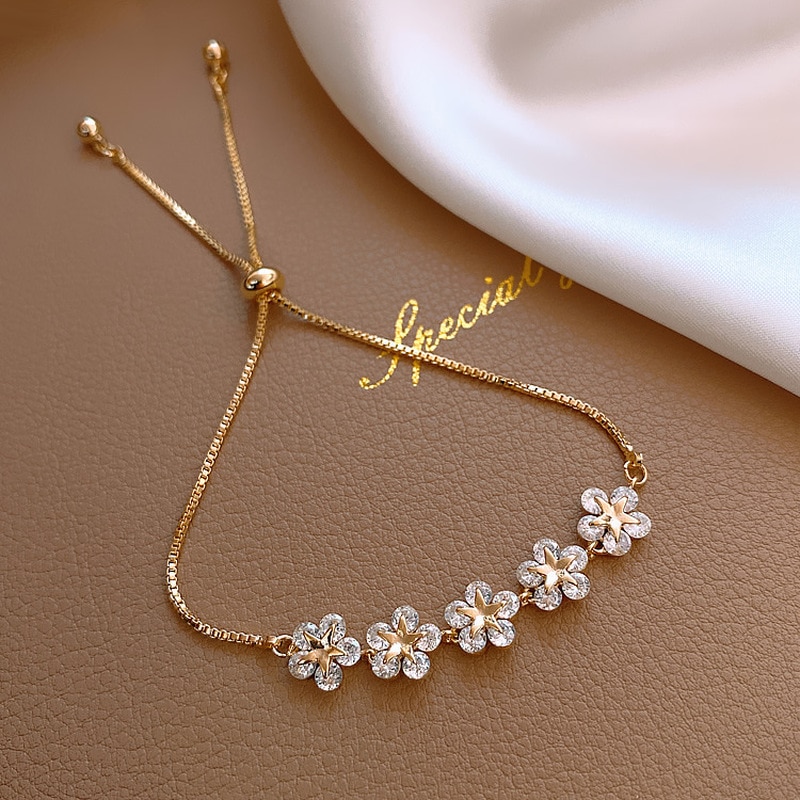 Shinning CZ Flowers Pendant Charm Bracelets for Women Girls Gold Color Metal Floral Bracelet Wedding Jewelry