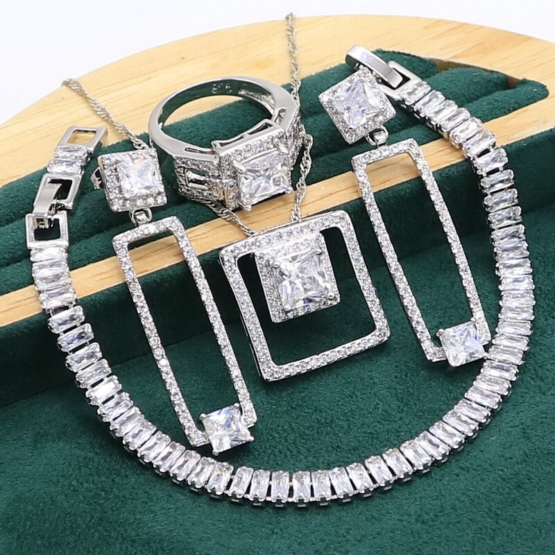 Conjunto de joias luxuosas de prata 925 com zircônia branca, bracelete para mulheres, brincos longos, colar, pingente de anel