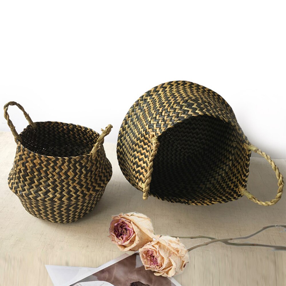 Bamboo Storage Baskets Foldable Laundry Straw Patchwork Wicker Rattan Seagrass Belly Garden Flower Pot Planter Baskets