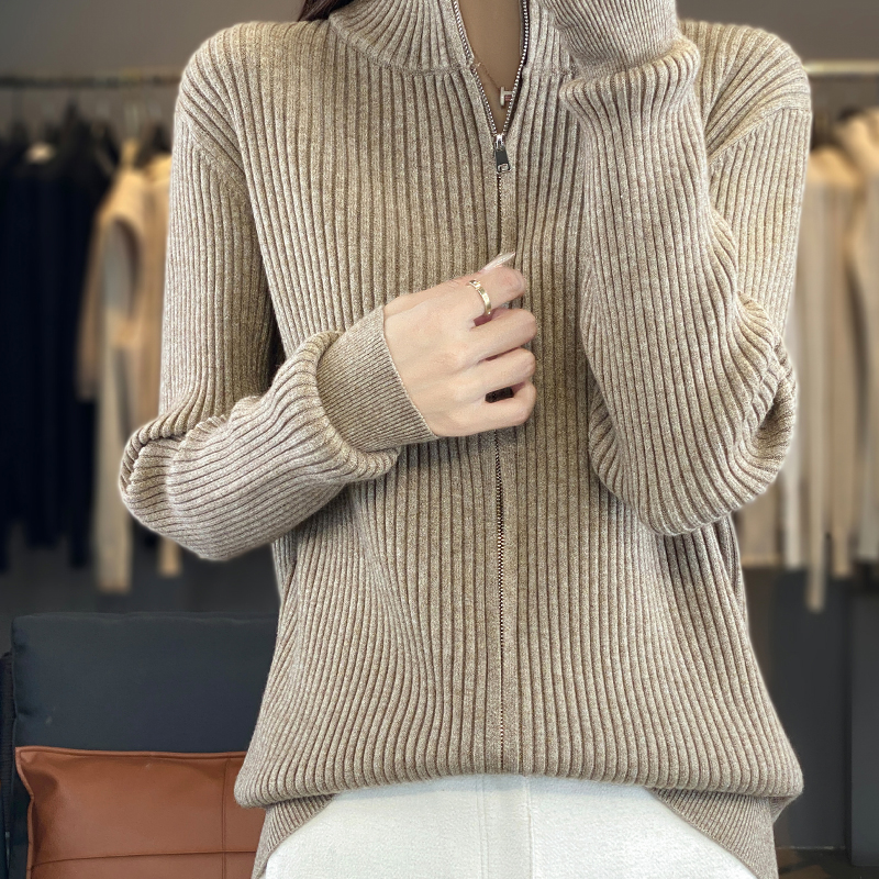 Talvi naisten neuleet kashmirvillainen neuletakki korkea kaulus pitkähihainen tuplavetoketjullinen lämmin pehmeä perustoppi: Xxl / Khaki