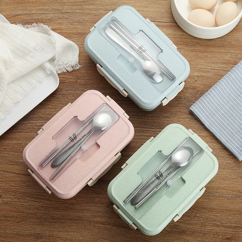 Microwave Lunch Box Wheat Straw Dinnerware with Spoon Chopsticks Food Storage Container Children Kids School Office Bento Box