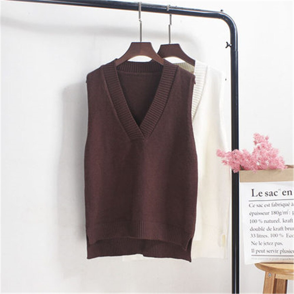 V-hals strikket vest dame sweater efterår og vinter koreansk løs vild sweater vest ærmeløs sweater  pz3544