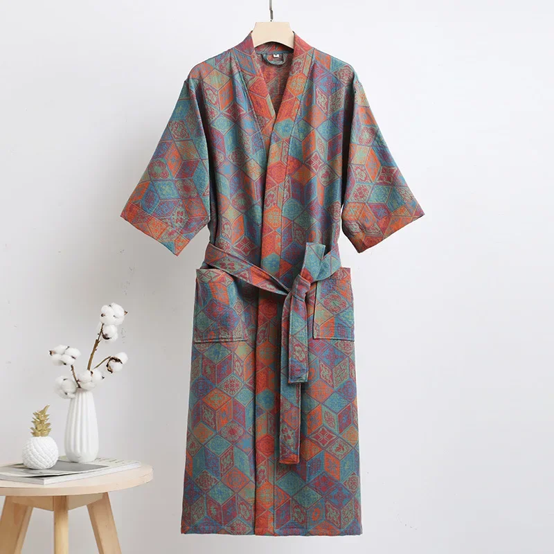 Albornoz de gasa de doble capa de algodón puro para primavera/verano, tela fina teñida, ropa de hogar para parejas, bata tipo kimono de estilo japonés, pijama: M / Castaño