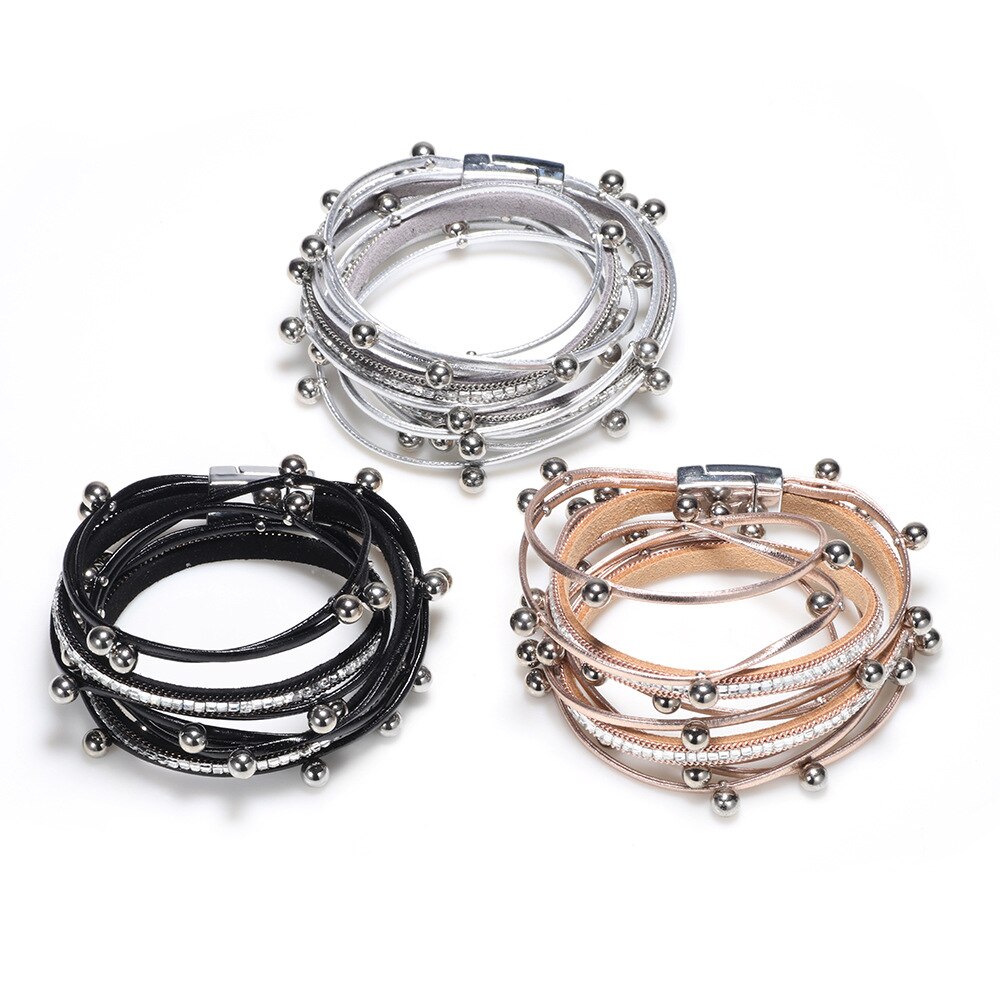 Rhinestone Beads Multilayer Ethnic Trendy Leather Bracelets Women Girl Cuff Bangle Female Jewelry geometric