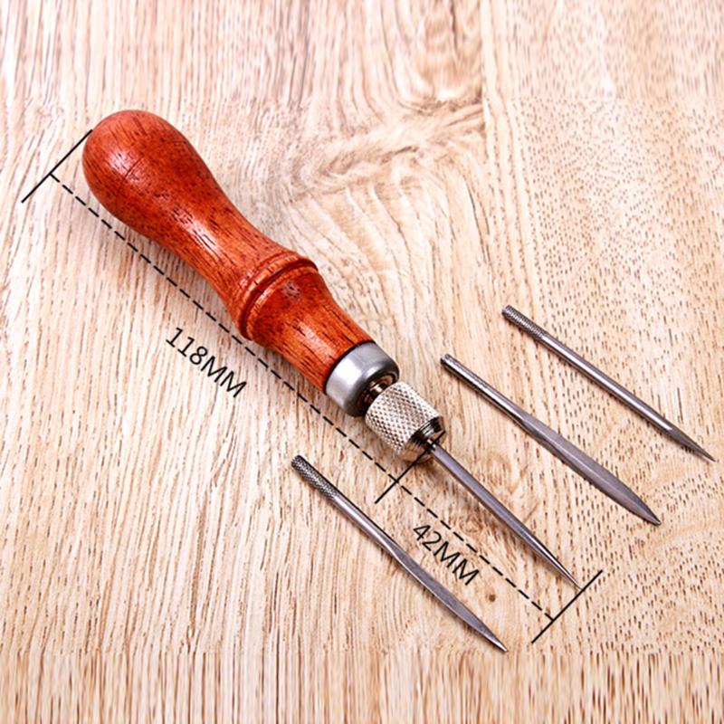4 In 1 Leather Tools Sewing Needles Diy Wood Handle Lacing Scratch Leather Stitching Awl Scratch Awl Canvas Leather C