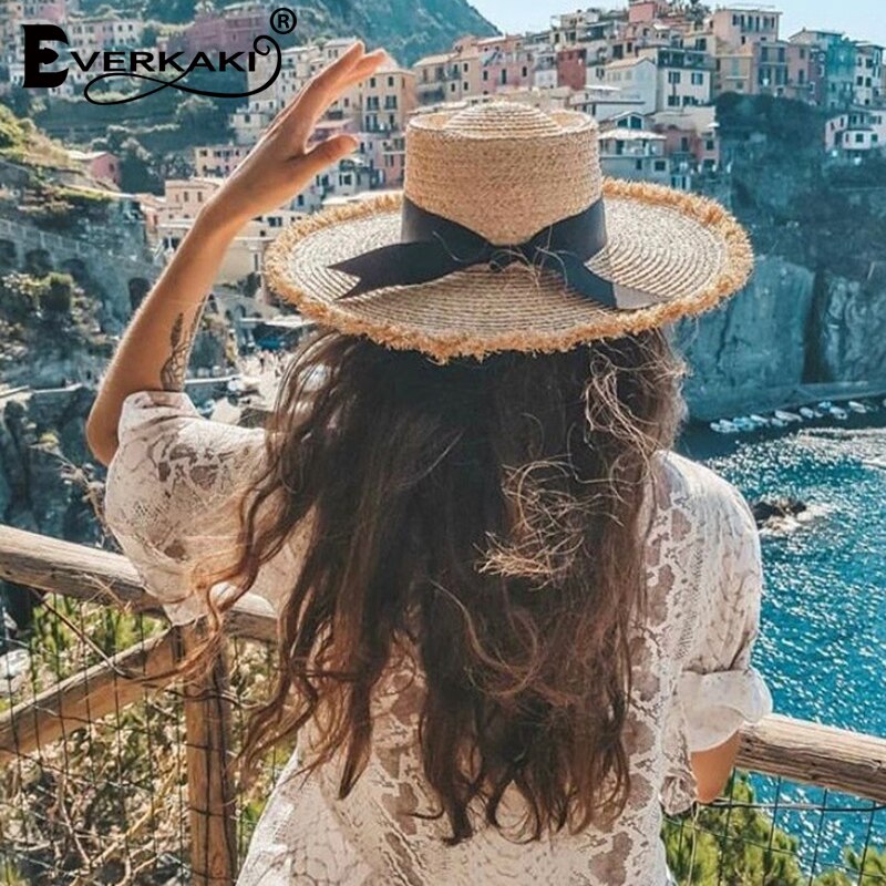 Everkaki Stro Strik Zon Hoeden Zomer Vrouwen Schipper Strand Hoed Brede Side Casual Dames Panama Platte Hoed Fedora Chic
