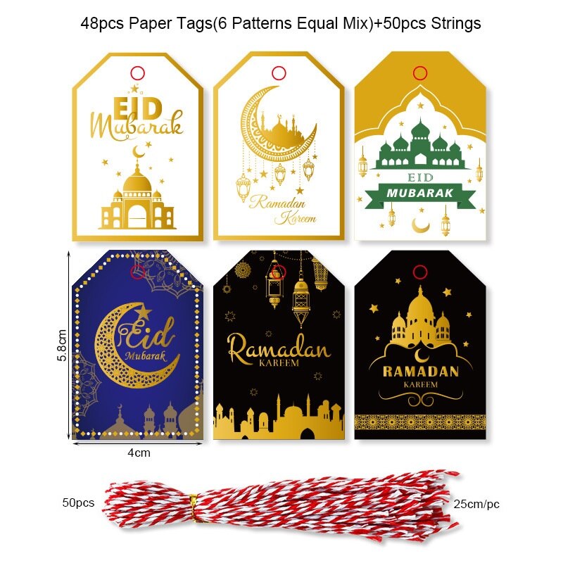 48 stk muslimsk eid mubarak tag ramadan festival fest dekoration taske kasser hænge tags dekor stjerne måne lille tag eid forsyninger: B