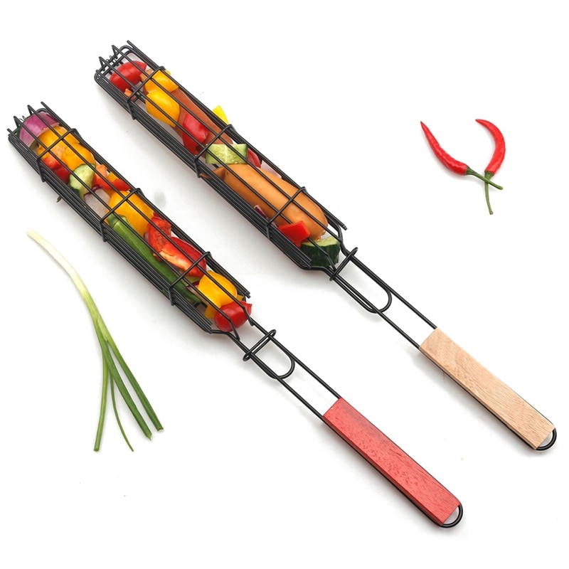 Portable BBQ Grill Basket Handheld Metal Barbecue Tool For sausage Corn sausage With Wood Handle Non-Stick BBQ Holder