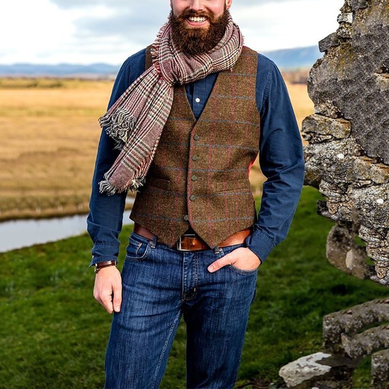 Men's Suit Vest Boutique Plaid Slim Fit Leisure Cotton Male Gentleman Beckham Business Waistcoat for Wedding Groomsmen