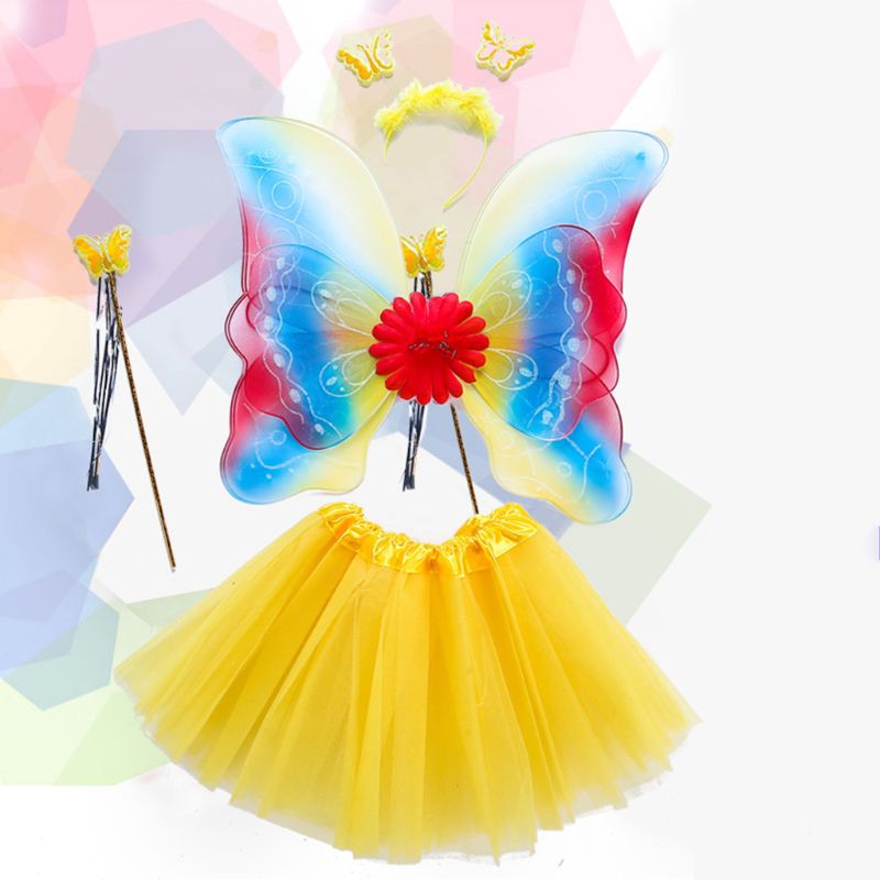 4Pcs Meisjes Fee Kostuum Set Regenboog Vlinder Drie Lagen Tule Tutu Rok Wand Hoofdband Prinses Halloween Party 3-8T