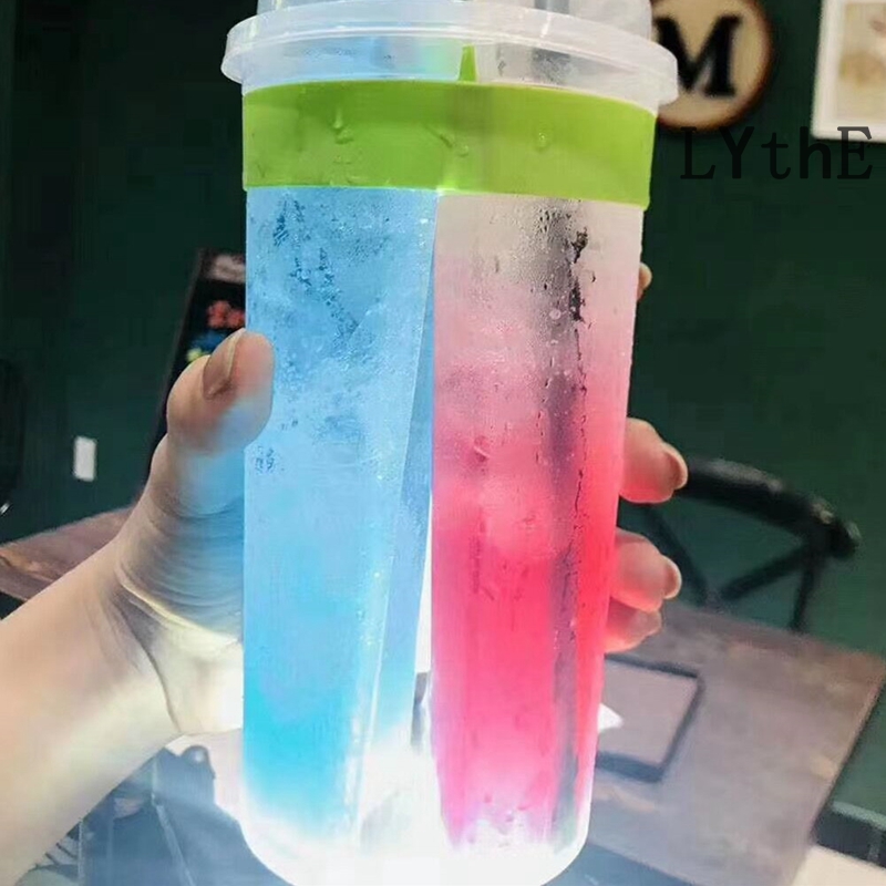 10Pcs 700ml Disposable Plastic Cups with Lids Double Grid Thicken Cup Couple Sharing Drinking Cup for Bubble Tea Boba Smoothie