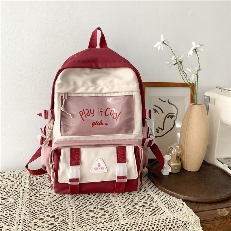 Waterdichte Badge Ita Vrouwen Rugzak Transparante Contrast Kleur College Gilrs Schooltassen Vrouwelijke Flap Multi-Pocket Laptop Rugzak: Bourgondië