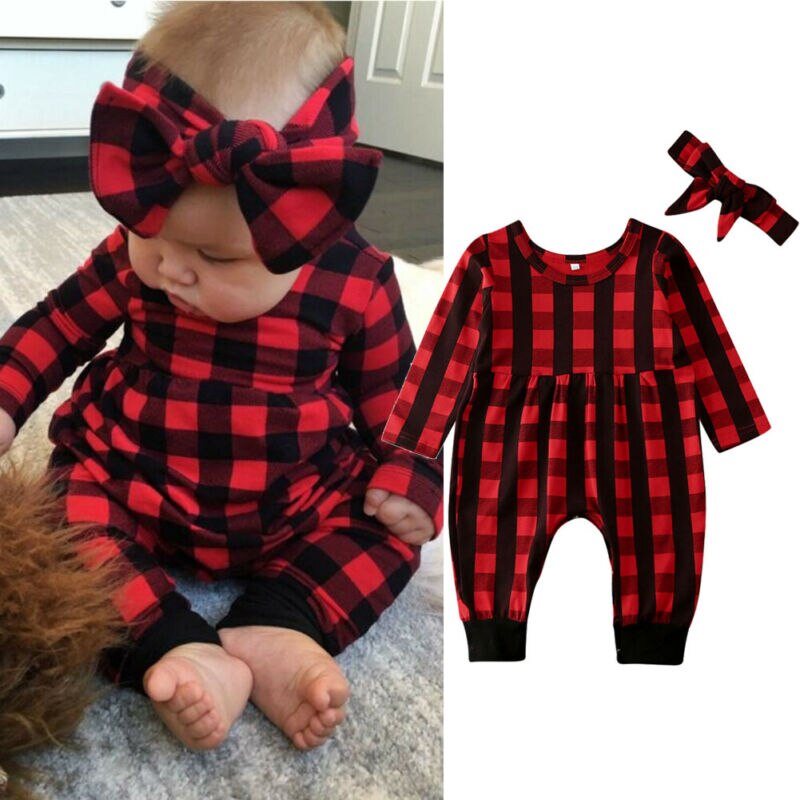 Lente Pasgeboren Bay Meisje Kleding Plaids Lange Mouwen Crew Neck Romper Rompertjes Baby Meisje Jongen Kleding Algehele Hoofdband Outfit