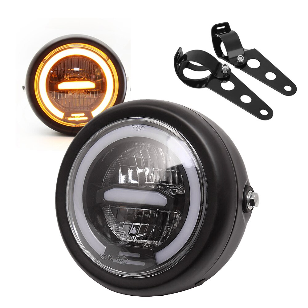 6,5 zoll LED Cafe Racer Motorrad Scheinwerfer Lampe Halo DRL Moto LED Für sportster bobber chopper street glide Scrambler GN125: Yellow and Bracket