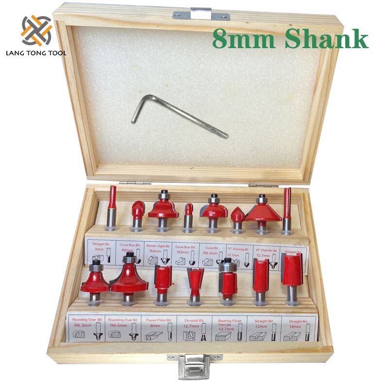 6mm/6.35mm/8mm 15Pcs Router Bit Set Trimming Straight Milling Cutter Wood Bits Tungsten Carbide Cutting Woodworking Trimming: 8mm Wood Case