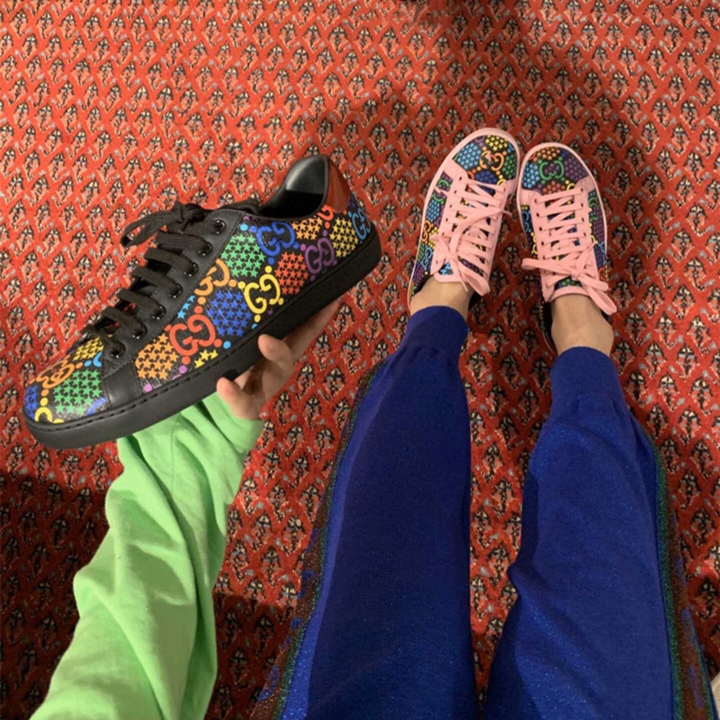 colorful print magic popping candy white shoes female leather lace-up couple casual sports shoes