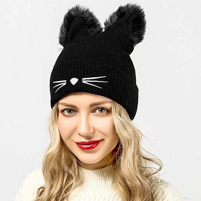 Vinter kat øre strikket hat varm beanies hue til kvinder broderet varm strik hæklet beanies uld kraniet cap tilbehør