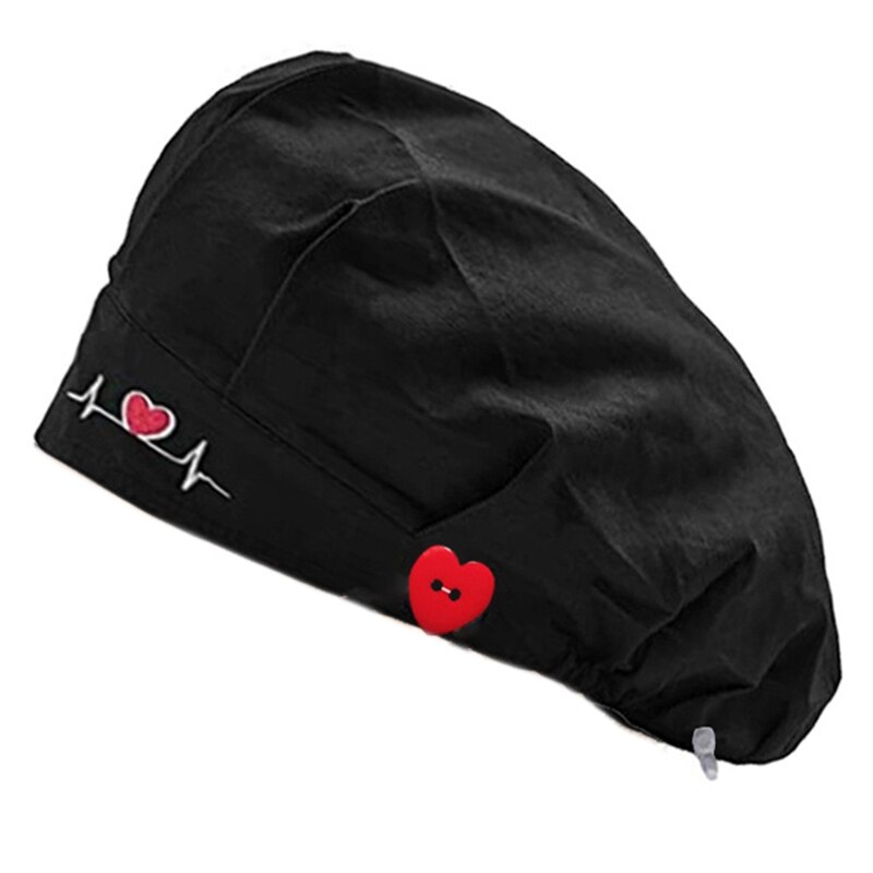 Doctor Nurse Bouffant Hat with Buttons Sweatband Polka Dot Dustproof Working Cap: Black
