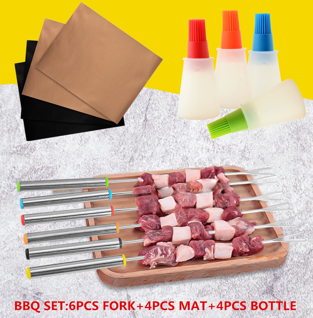 BBQ Tool Set Roasting Sticks Forks Set Campfire Firepit Sausage BBQ Silicone Oil Bottle Baking Mat Cooking Grilling Party Camp