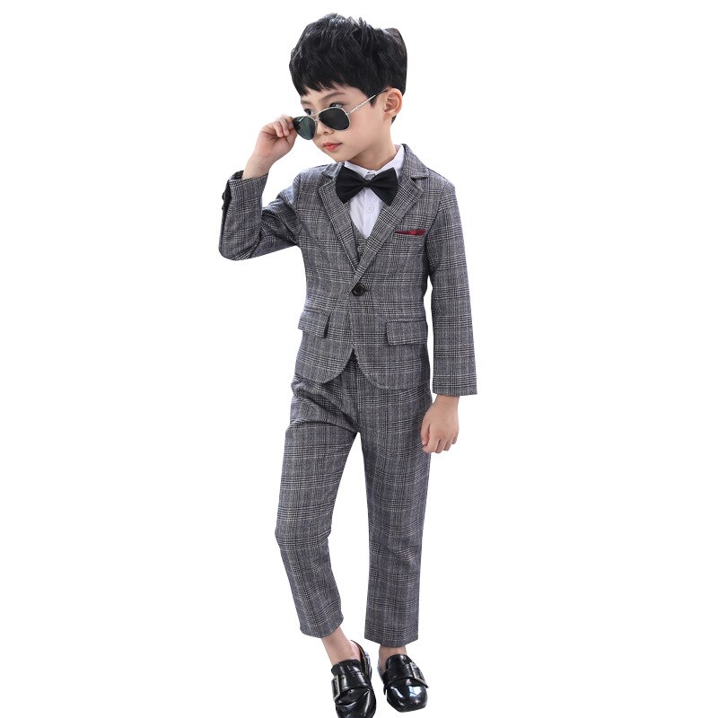 Formal Boy Plaid Gray Suit Set Children's Wedding Party Performance Costume Kids Tuxedo Vest Shirts Pants Clothing Set