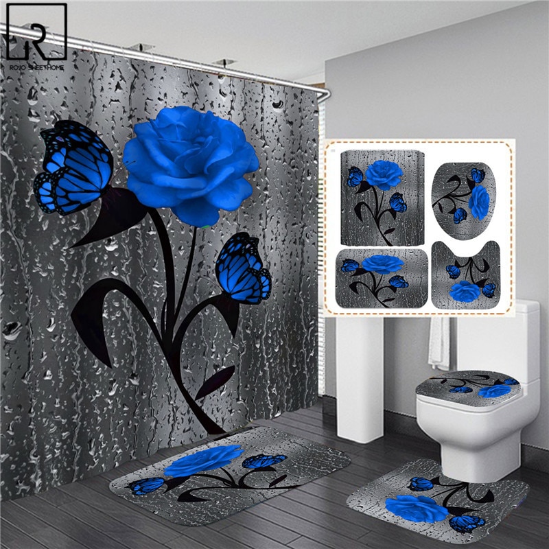 Rideau de Douche 3D Imperméable à Imprimé Rose en Polyester, Accessoires Disponibles en 5 Couleurs, Ensemble de Moquette de Décoration et Tapis de Bain Antidérapant pour toilette et Maison