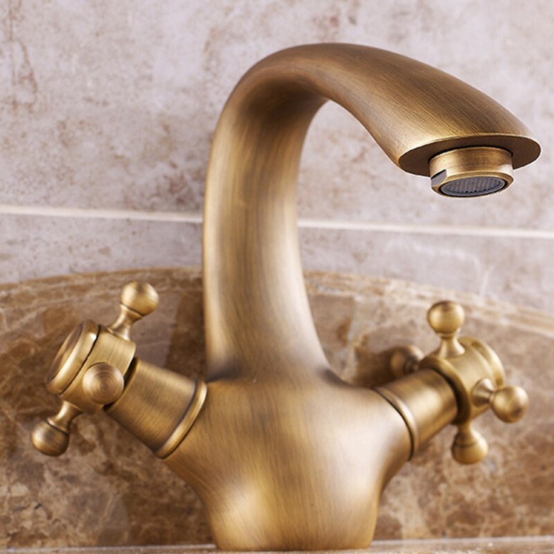 Grifo antiguo de agua y fría Br, grifos de lavabo cepillado de bronce, baño, lavabo de clásico, mezclador de doble mango