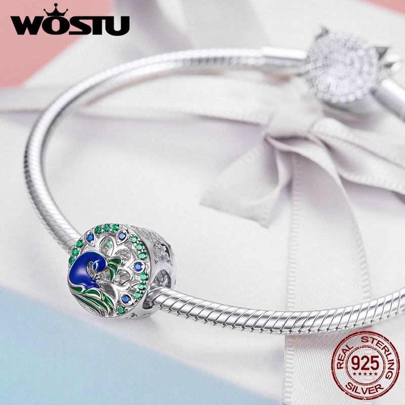 WOSTU Elegante 925 Sterling Silber Pfau Glück Perlen Charms Fit DIY Armband Anhänger Für Frauen Hochzeit Luxus Schmuck CTC037